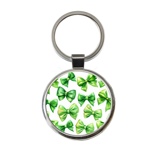 Green Scattered Coquette Bows Watercolor Round Metal Keychain