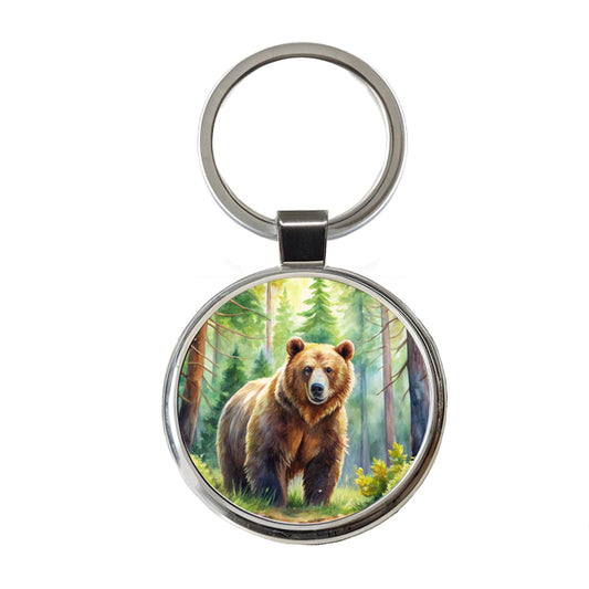 Grizzly Bear In Forest Watercolor Round Metal Keychain