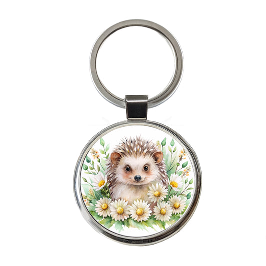 Hedgehog Watercolor Design With Daisies Round Metal Keychain