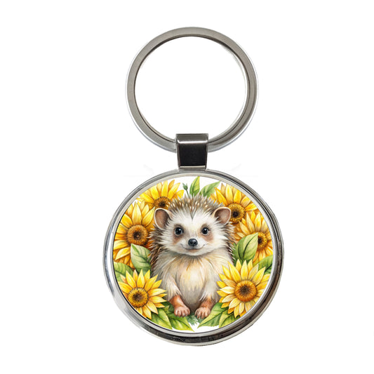 Hedgehog Watercolor Design With Sunflowers Round Metal Keychain