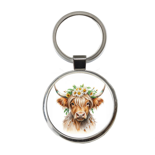 Highland Cow Watercolor Design With Daisies Round Metal Keychain