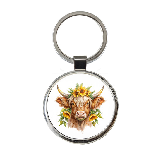 Highland Cow Watercolor Design With Sunflowers Round Metal Keychain