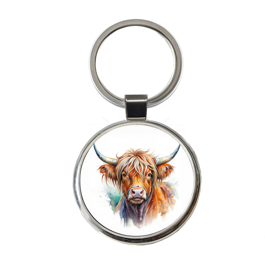 Highland Cow Watercolor Design Round Metal Keychain