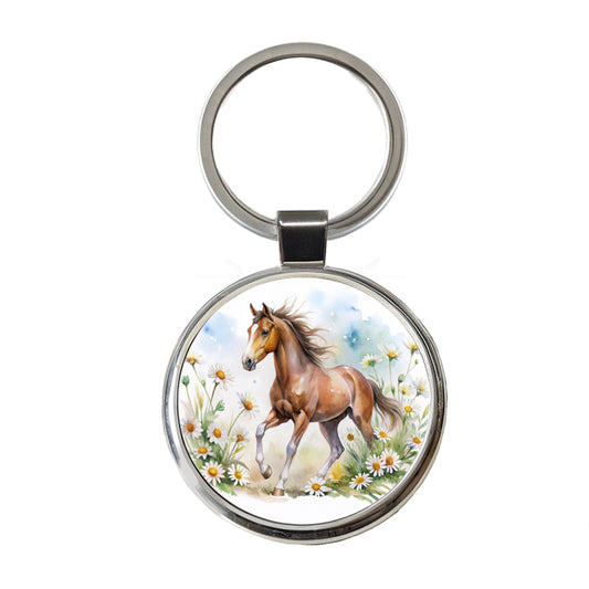 Horse Watercolor Design With Daisies Round Metal Keychain