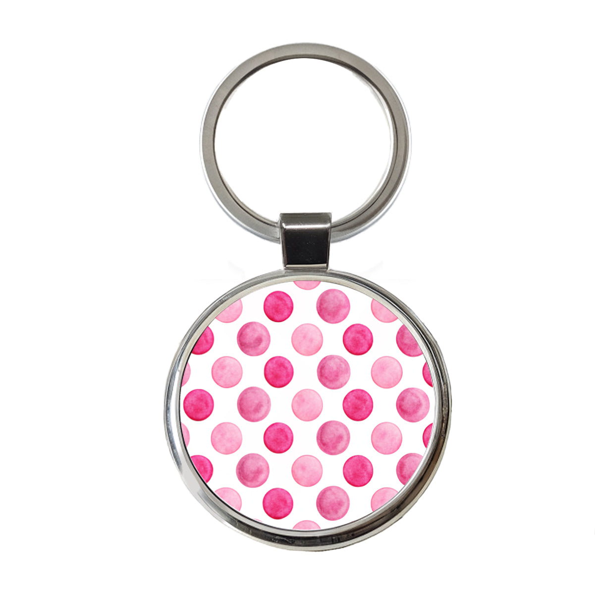 Hot Pink Polka Dots White Background Round Metal Keychain