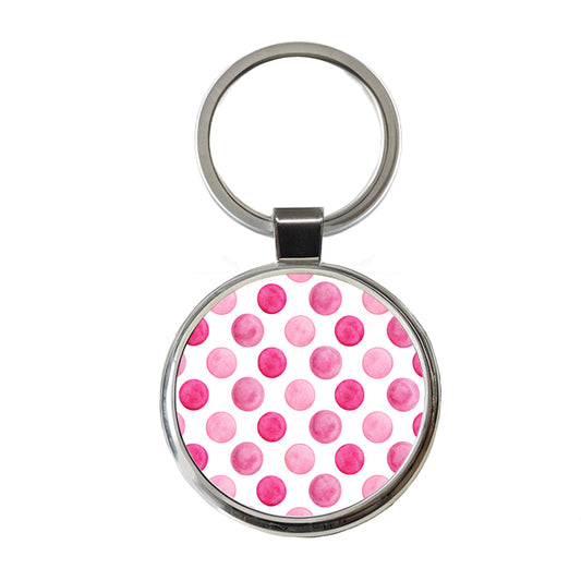 Hot Pink Polka Dots White Background Round Metal Keychain