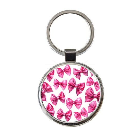 Hot Pink Scattered Coquette Bows Watercolor Round Metal Keychain