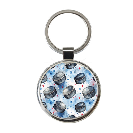 Ice Hockey Pucks Watercolor Round Metal Keychain