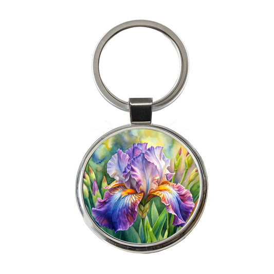 Iris Purple Flowers Watercolor Round Metal Keychain