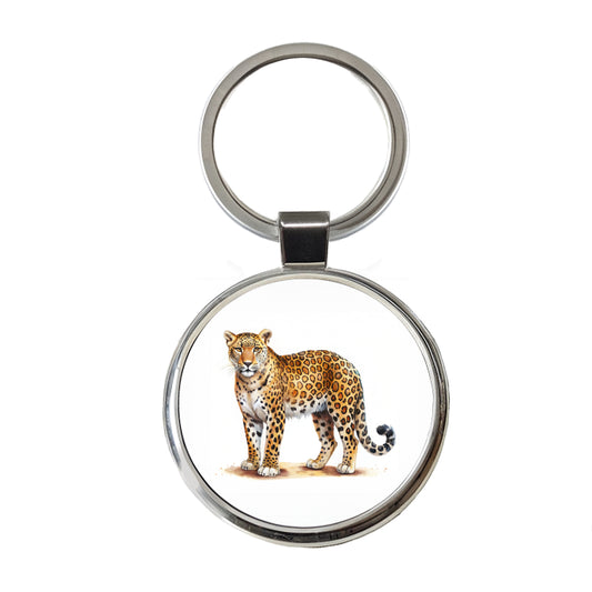 Leopard Print Watercolor Round Metal Keychain