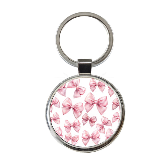 Light Pink Scattered Coquette Bows Watercolor Round Metal Keychain