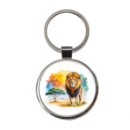 Lion African Plain Beautiful Watercolor Round Metal Keychain
