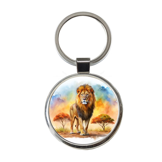Lion African Plain Watercolor Round Metal Keychain