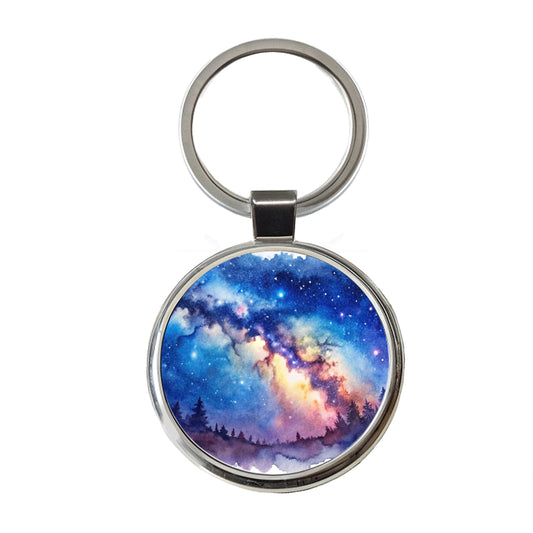 Milky Way Space Watercolor Design Stars Beautiful Round Metal Keychain