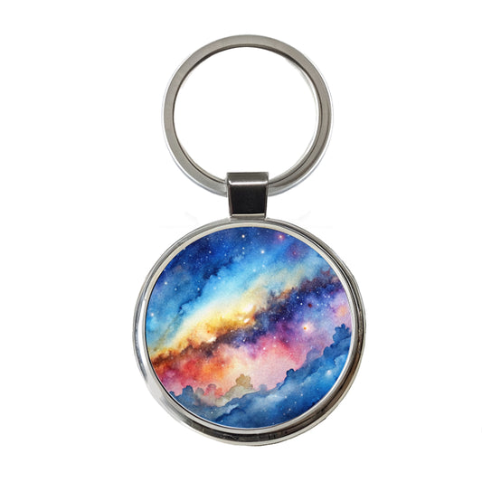 Milky Way Space Watercolor Design Stars Round Metal Keychain