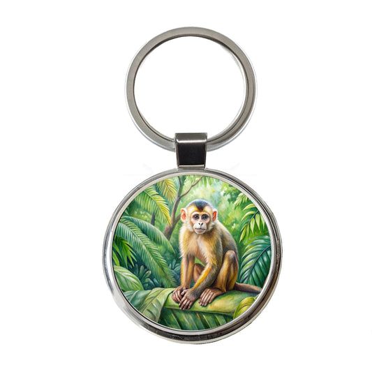 Monkey In Rainforest Watercolor Round Metal Keychain