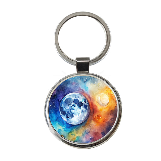 Moon Space Watercolor Design Astronomy Round Metal Keychain
