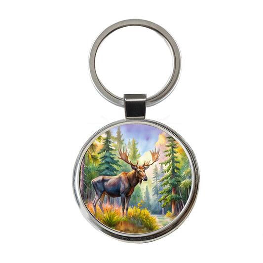 Moose In Forest Watercolor Round Metal Keychain