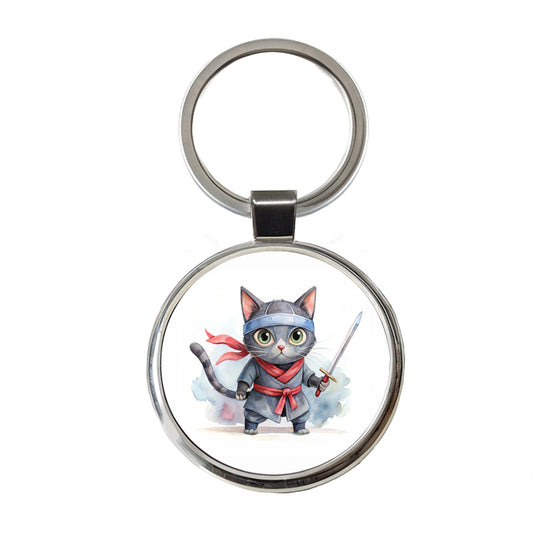 Ninja Cat Watercolor Round Metal Keychain