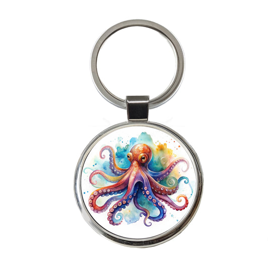 Octopus Watercolor Colorful Round Metal Keychain