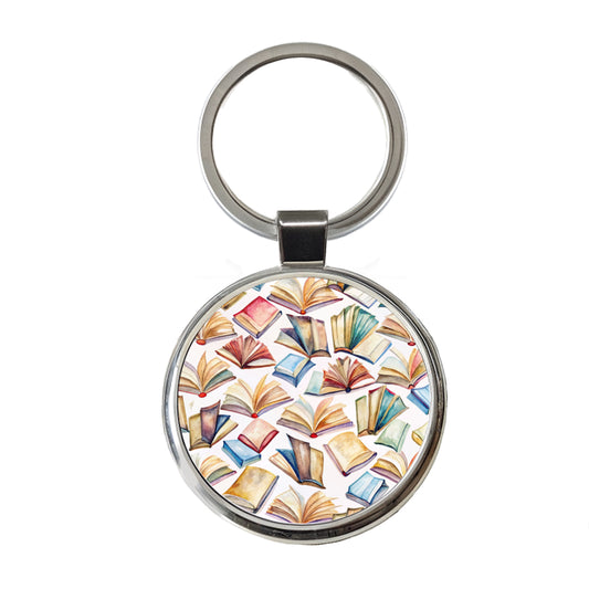 Open Books Watercolor Reader Reading Round Metal Keychain