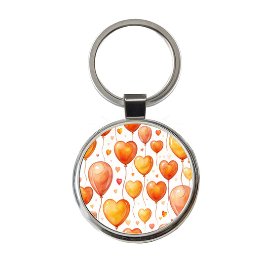 Orange Balloons Hearts Watercolor Birthday Round Metal Keychain