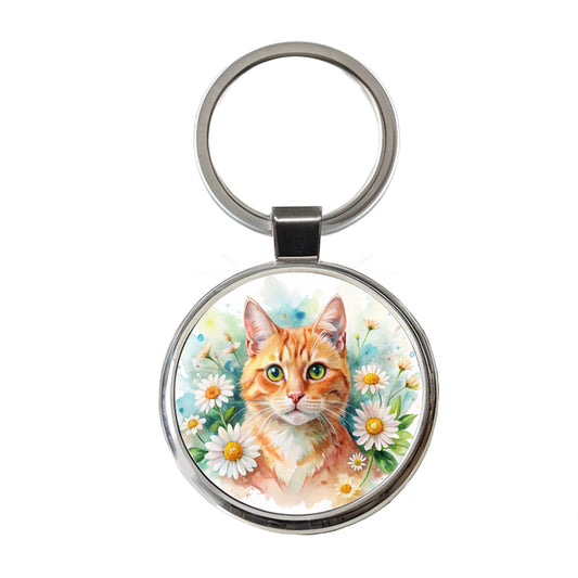 Orange Cat Watercolor Design With Daisies Round Metal Keychain