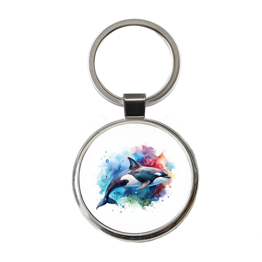 Orca Whale Colorful Watercolor Design Round Metal Keychain
