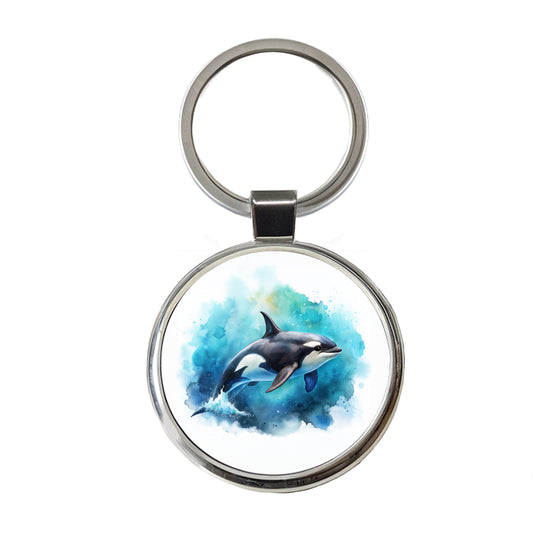Orca Whale In Ocean Watercolor Design Round Metal Keychain