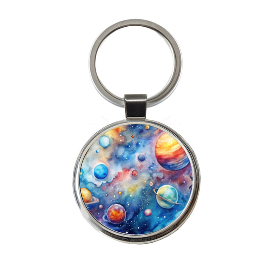 Outer Space Watercolor Astronomy Round Metal Keychain
