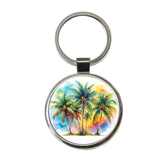 Palm Trees Tropical Watercolor Design Round Metal Keychain
