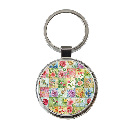 Patchwork Floral Quilt Quilter Sewing Watercolor Round Metal Keychain