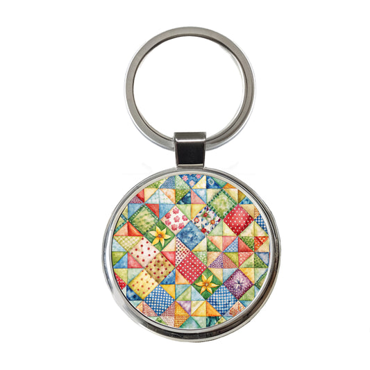 Patchwork Quilt Country Sewing Quilter Round Metal Keychain
