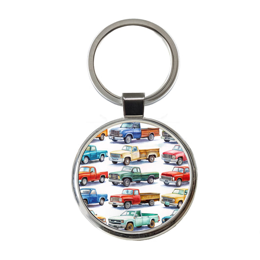 Pickup Trucks Watercolor Round Metal Keychain