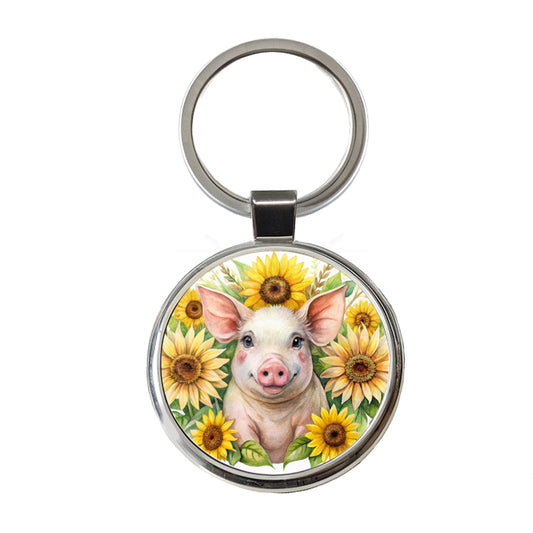 Pig In Sunflowers Watercolor Design Round Metal Keychain