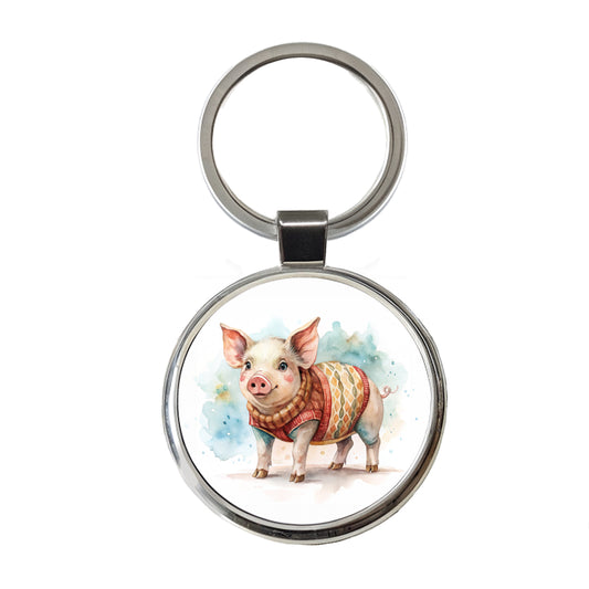Pig Wearing A Sweater Watercolor Round Metal Keychain