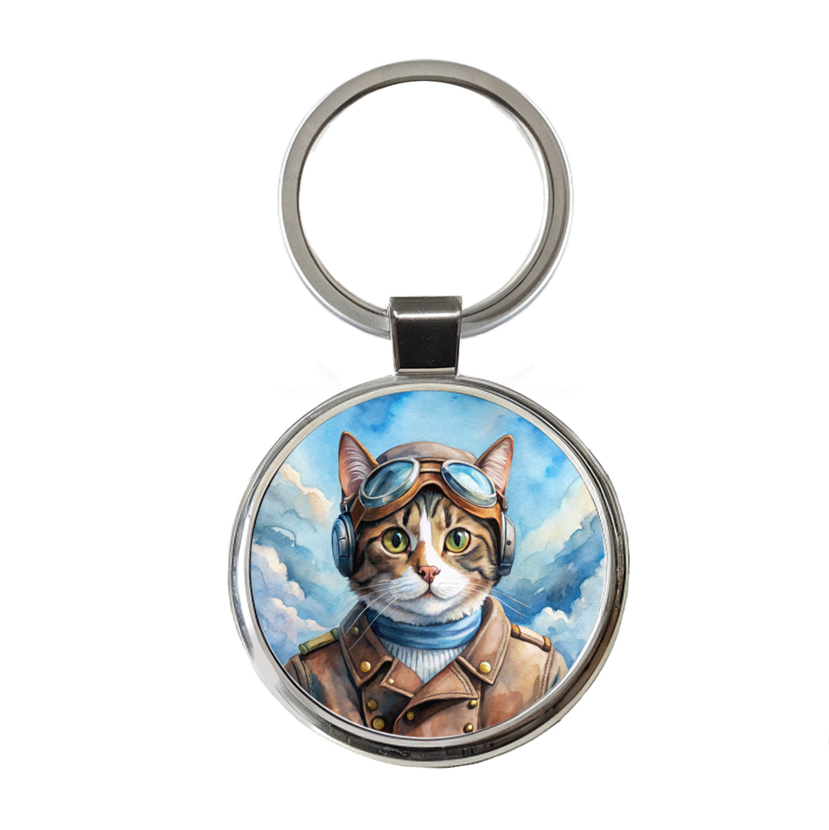 Pilot Cat Watercolor Round Metal Keychain