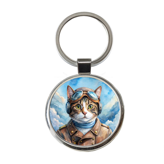 Pilot Cat Watercolor Round Metal Keychain