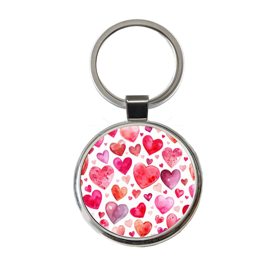 Pink And Red Scattered Hearts Watercolor Round Metal Keychain