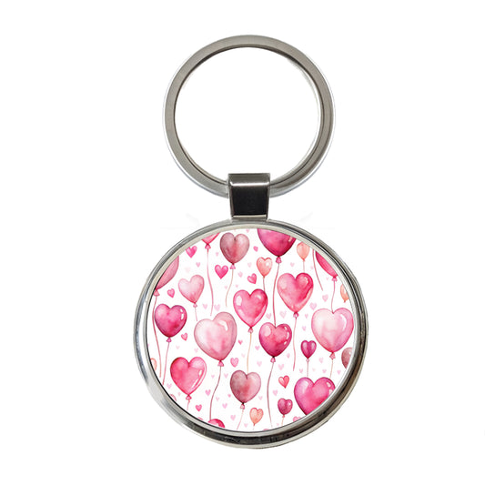 Pink Balloons Hearts Watercolor Birthday Valentine's Love Round Metal Keychain