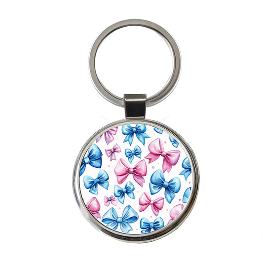 Pink Blue Scattered Coquette Bows Watercolor Round Metal Keychain