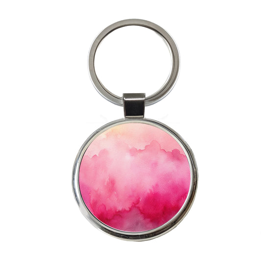 Pink Ombre Watercolor Round Metal Keychain
