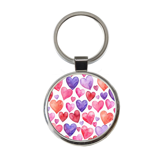 Pink Red Purple Hearts Watercolor Round Metal Keychain
