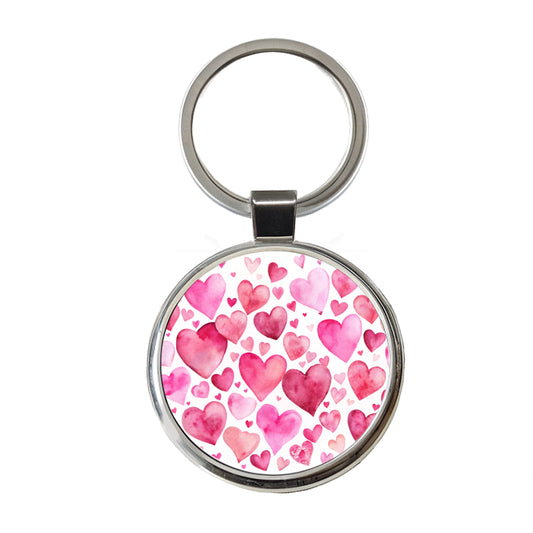 Pink Scattered Hearts Love Valentines Anniversary Watercolor Round Metal Keychain