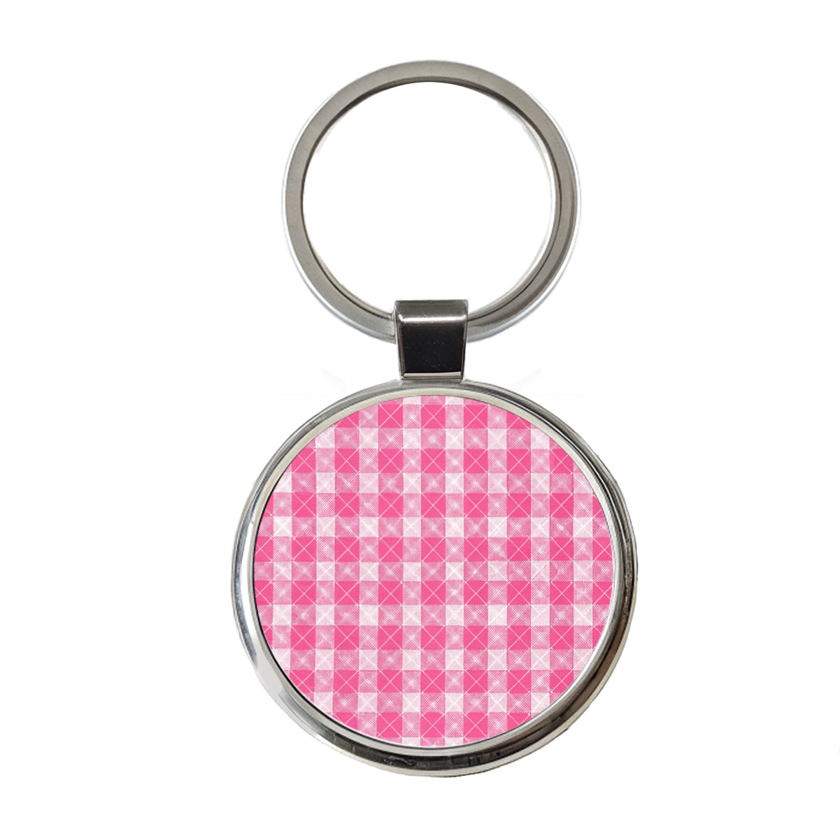 Pink White Gingham Watercolor Round Metal Keychain