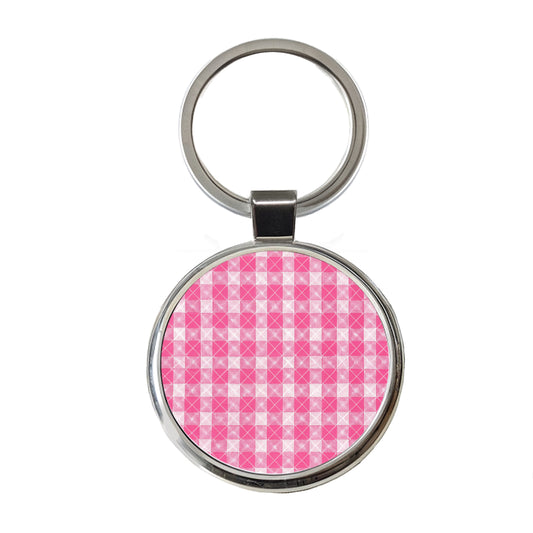Pink White Gingham Watercolor Round Metal Keychain