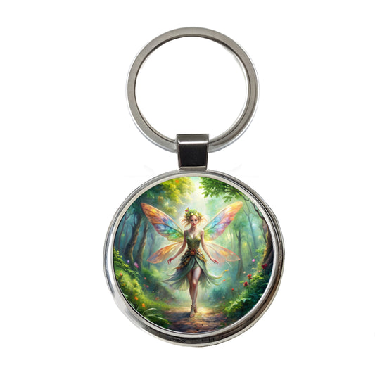 Pixie Fairy Forest Fantasy Beautiful Watercolor Round Metal Keychain