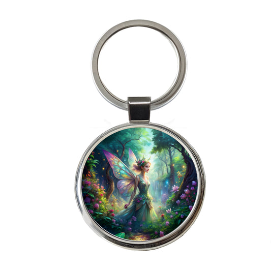 Pixie Fairy Forest Fantasy Watercolor Design Round Metal Keychain