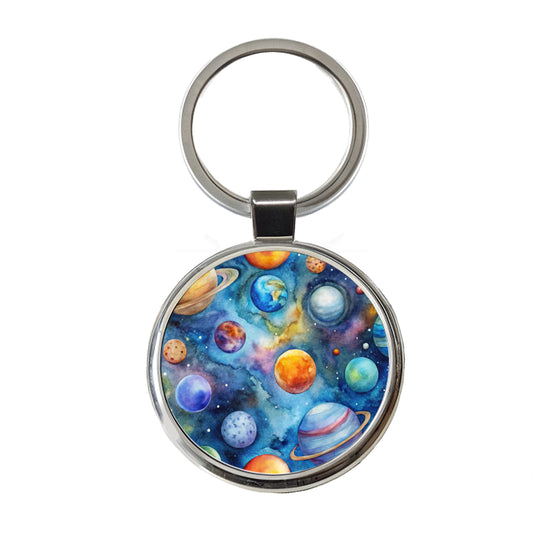 Planets Outer Space Astronomy Watercolor Round Metal Keychain