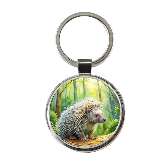 Porcupine In Forest Watercolor Round Metal Keychain